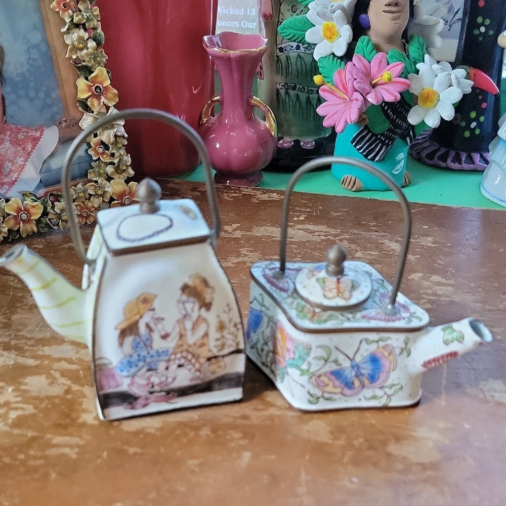 Decorative Miniature Enamel Teapots with Floral and Butterfly Designs
